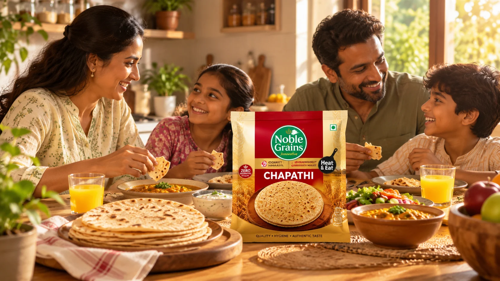 Complete family lifestyle illustration with the Noble Grains pack on the table. Not a customer testimonial.