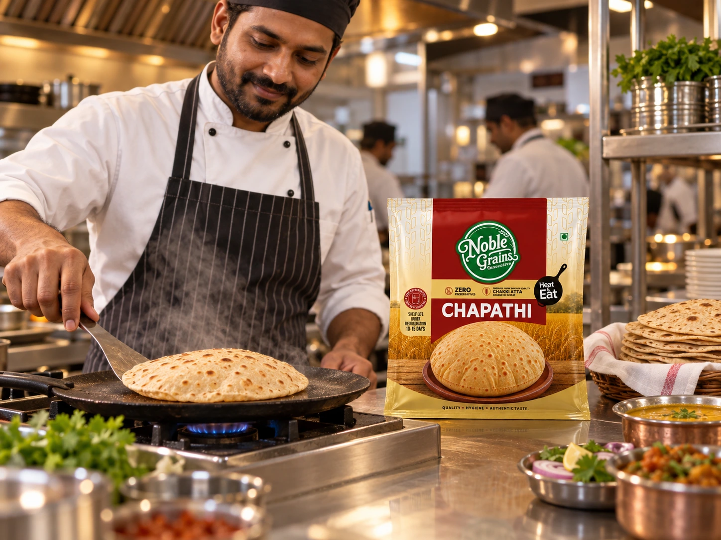 A chef cooking chapati on a tawa beside a Noble Grains pack in a commercial kitchen. Brand illustration.