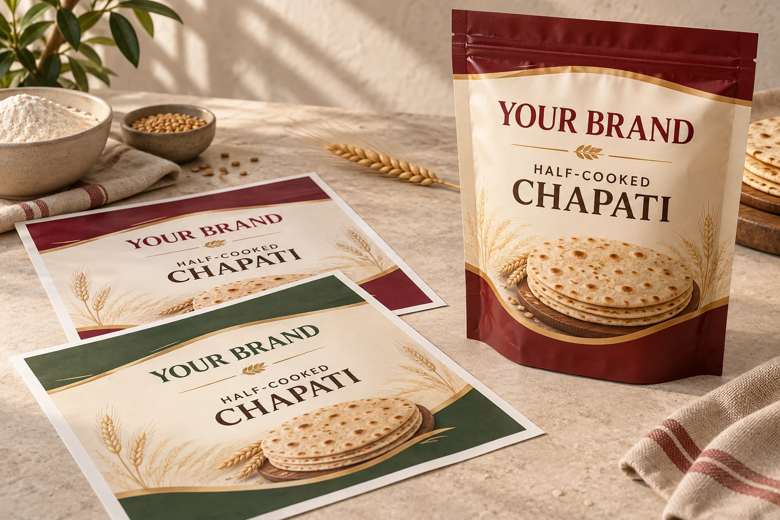 A chapati pouch and packaging design sheets labelled YOUR BRAND, illustrating customised branding possibilities.