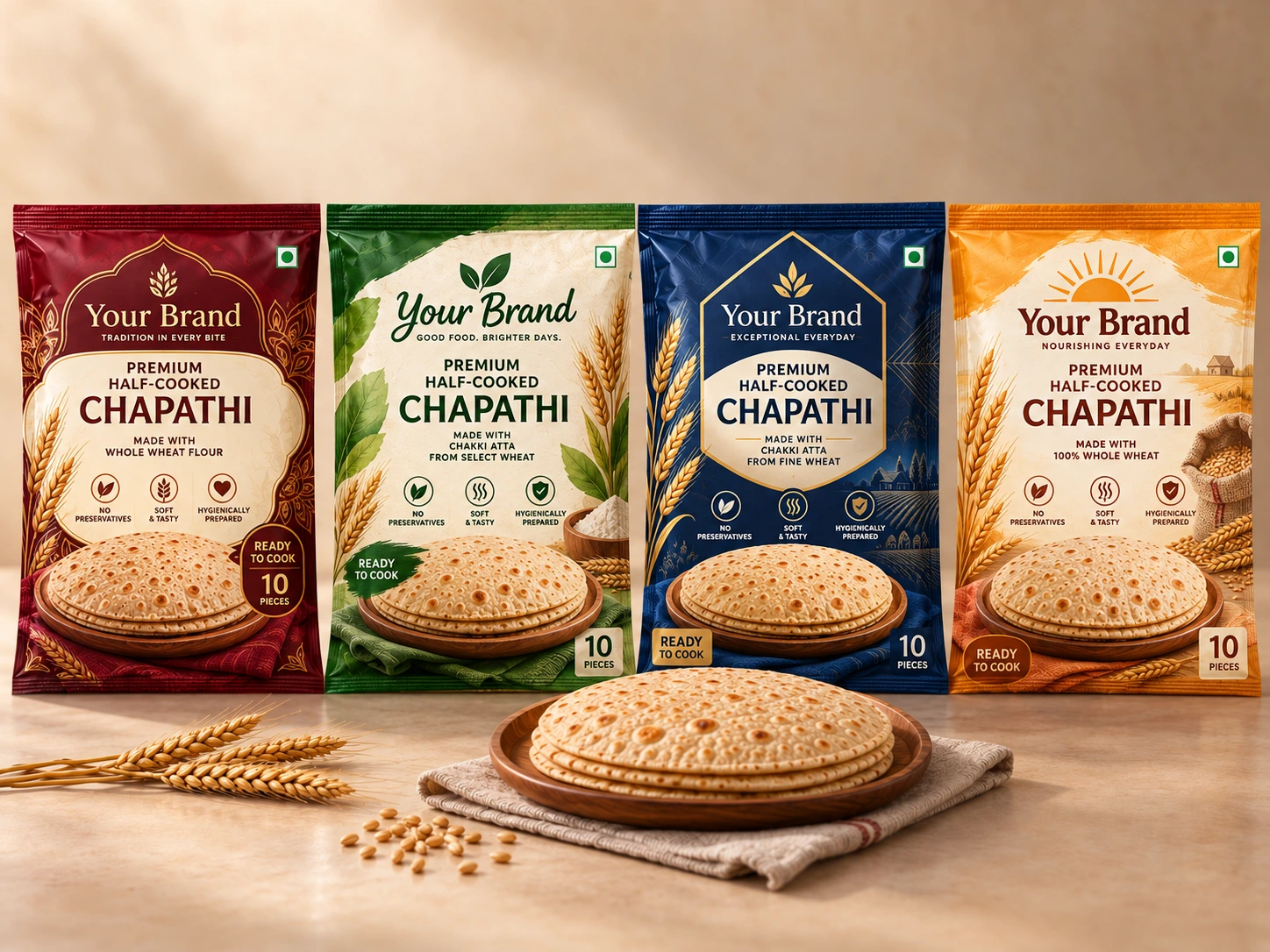 Four illustrative chapati packs in burgundy, green, navy and gold, each labelled Your Brand, alongside cooked chapatis and wheat.