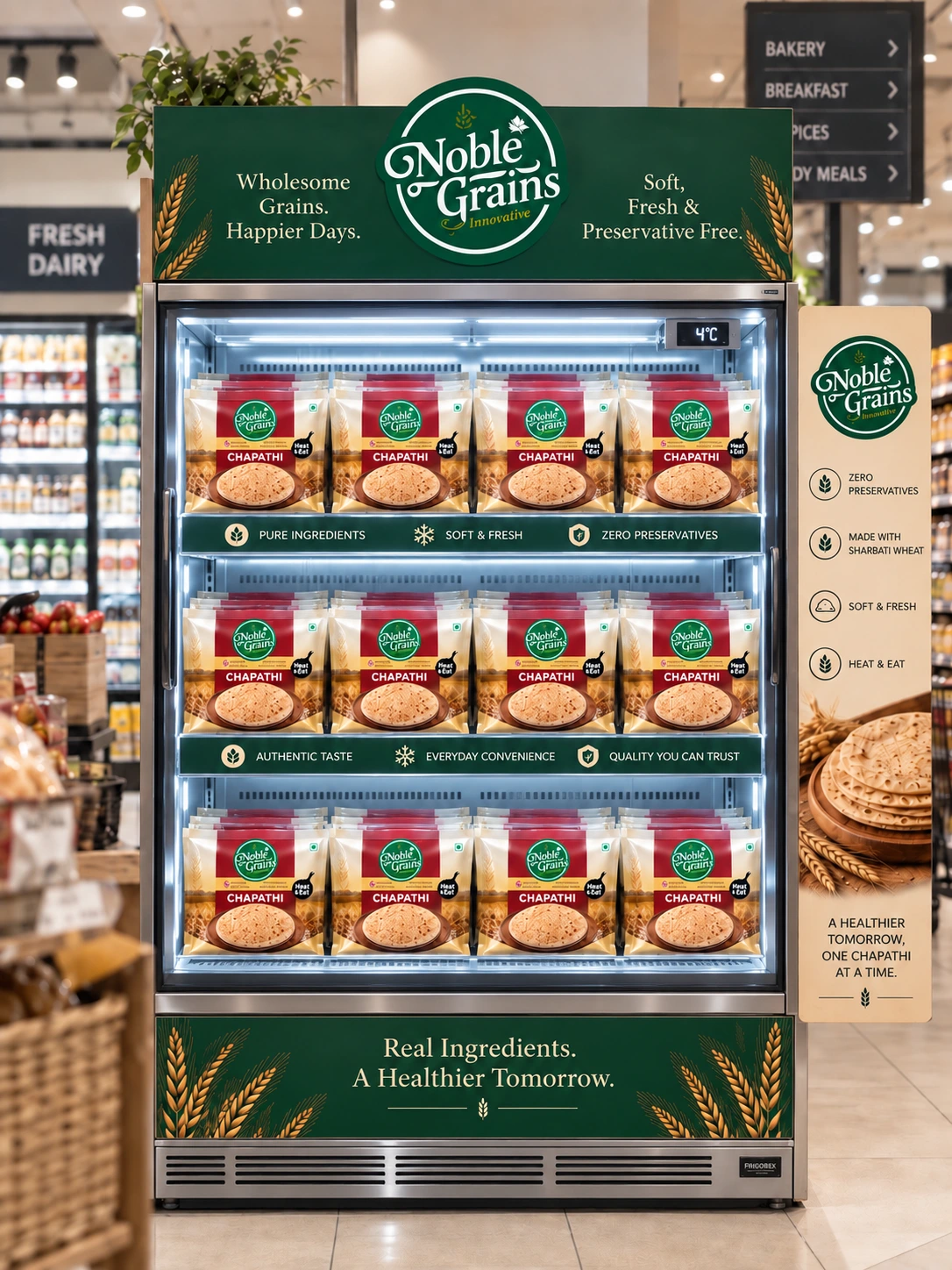 Noble Grains branded supermarket display with chapati packs across three shelves. Concept illustration.